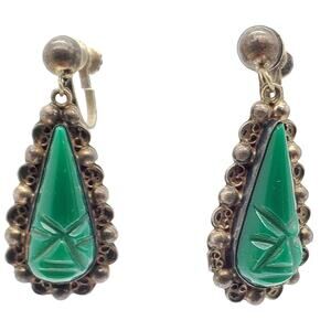 Sterling Silver Earrings Drop Carved Mask Face Screw Back Green Mexican Tribal